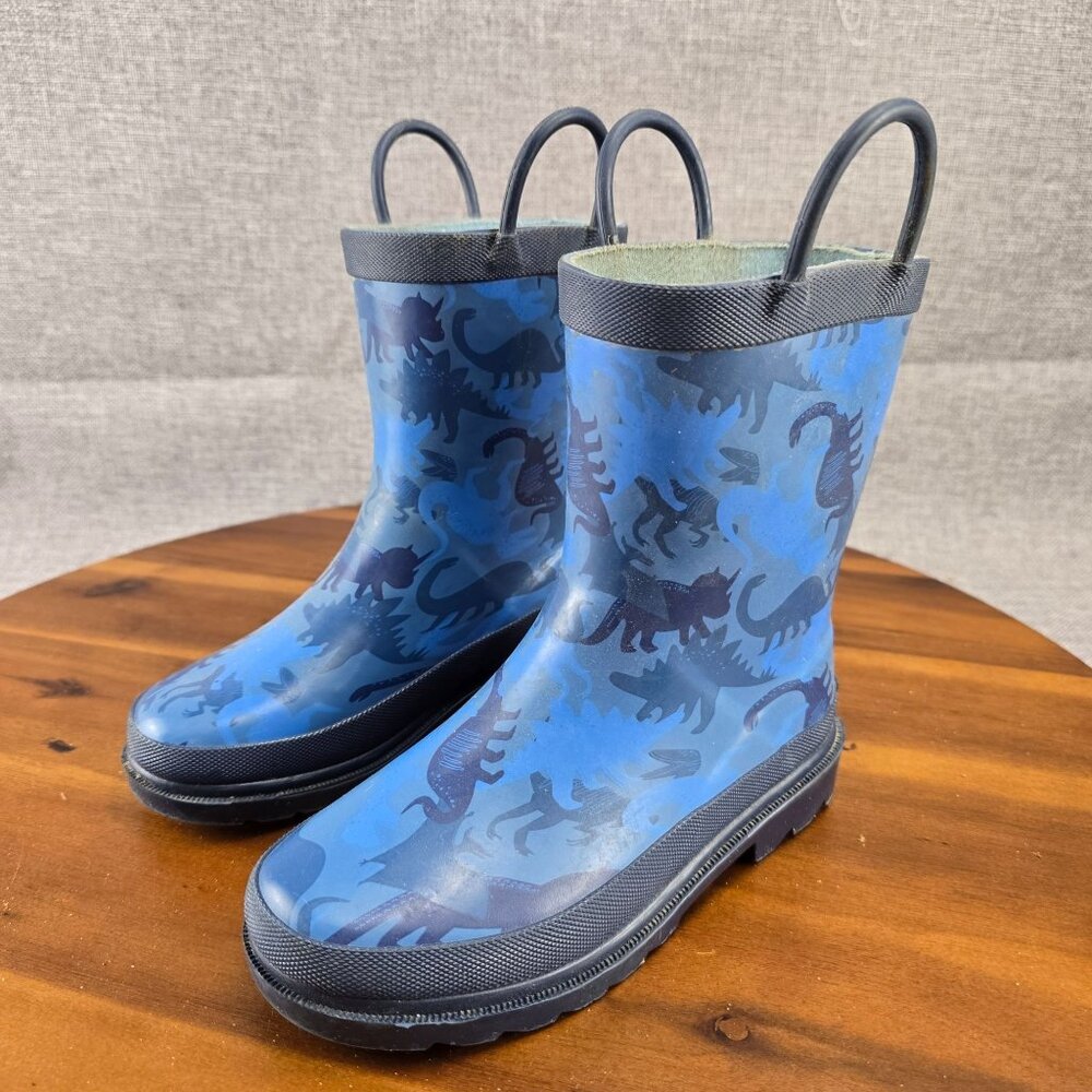 Kids Dinosaur Rubber Rain Boots By Lilly & Dan Size 11/12 Blue & Black - Picture 2 of 13